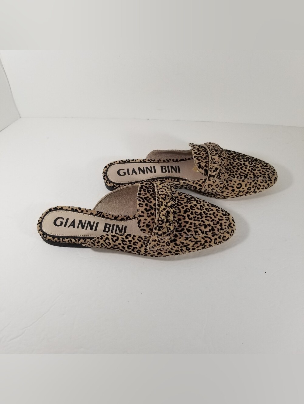 Gianni Bini McKinley Mule Flats Women's 9M Leopard Print Leather Suede Braided